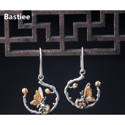 Bastiee Vintage Drop Silver Earrings 925 Women Jewelry Butterfly Branch Dangle Earings Antique Gifts