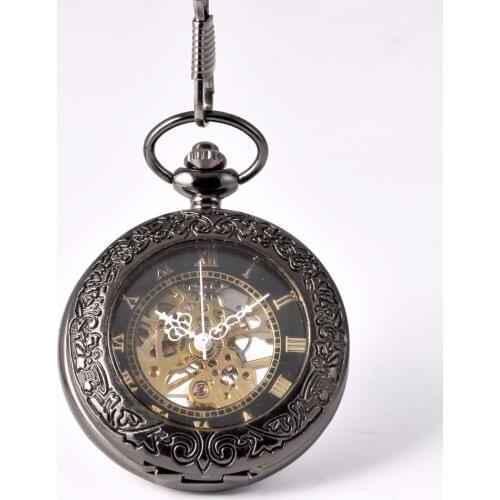 Chain Black Dress Rome Hollow Golden Dial Pedant Watch Mechanical Classic Hand Wind Fob Watch Quality Fashion Gift Pocket Watch