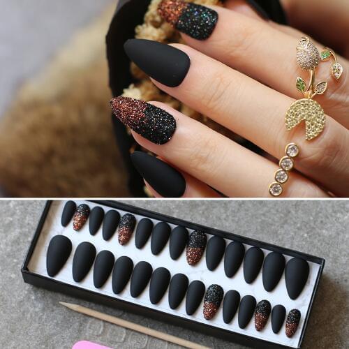 Black box Glitter Powder Stiletto Matte fake nails Ruby red Gradient black Wedding False nails blue 28pcs full set