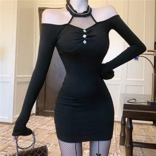 Black Dress Women 2021 Spring Sexy Clavicle Diamond Buckle Hanging Neck Mesh Stitching Dress Long Sleeve Off Shoulder Mini Dress