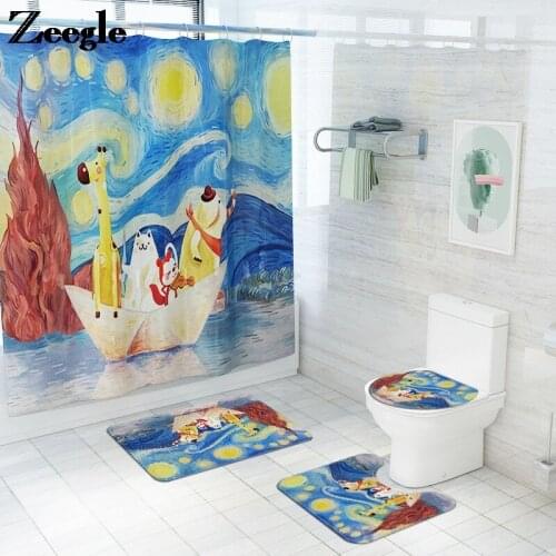 Zeegle Flannel Bath Mat and Waterproof Shower Curtain Set Anti-slip Floor Carpet for Toilet Animal Printing Bathroom Carpet Rug