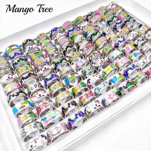 10 Pcs/Lot Enamel Pattern Color Painting Stainless Steel Rings Women Mens Mixed Fashion Comfort Polished 10mm Width Jewelr Gift