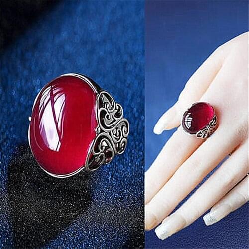 Vintage Oval Red Color Opal Hollow-out Rings Simple Open Jewelry Ring Wholesale for Women Girls Wedding Party Gift Dropshipping