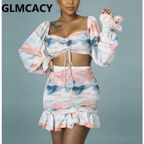 Two Pieces Sets Women Off Shoulder Top & Ruffle Design Pleated Skirts