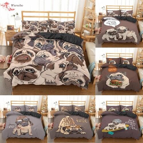 Homesky Cartoon Pug Dog Bedding Sets Pug Dog Bed Set Duvet Cover Set King Queen Size Comforter Bedding Set Bed Linen