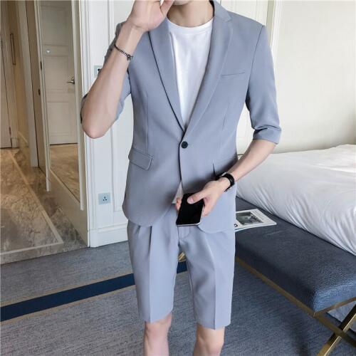 Korean Style Mens Clothing Men Suit Set Slim Fit Half Sleeve Knee Length Pants Pink White Summer Suit Jacket With Short Pant