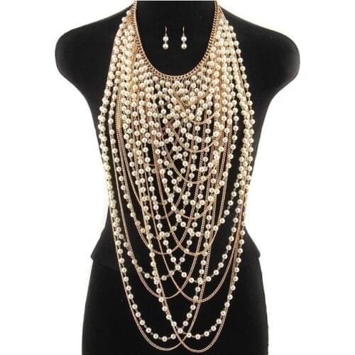 Multi-layer Tassel Necklace Super Long Pendants Necklaces Women Pearl Choker Necklaces Body Jewelry Gold Silver Shoulder Chains