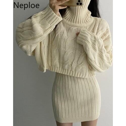 Neploe Korean Chic 2 Piece Set Women Turtleneck Loose Cropped Pullovers+bodycon Mini Skirts 2021 Knitted Suit Femme Roupas 97208