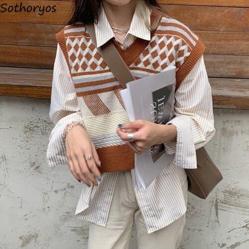 Autumn Vintage Sweater Vest Women Argyle Panelled Popular Casual V-neck Knitwear Ladies Loose Sleeveless Jumpers Short-style Ins