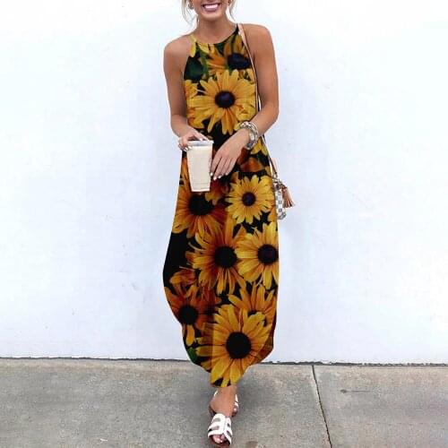 Maxi Dresses Sexy Sleeveless Sundress Women Floral Printed Causal Halter Summer Beach Dresses Asymmetric Ladies Sling Long Dress