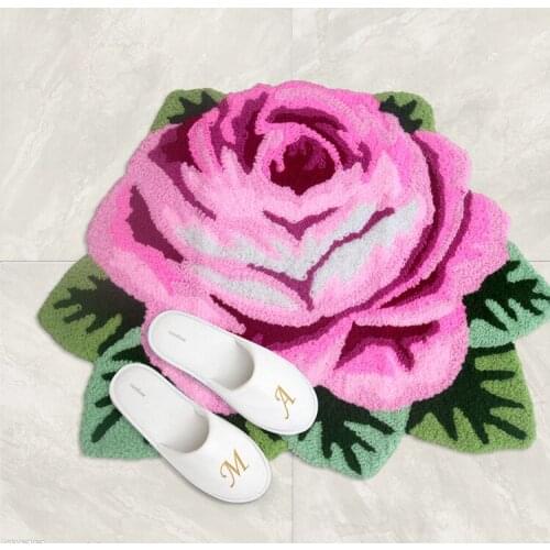 80X60cm Anti-slip 3D Rose Carpet Doormat Handmade Tea Table Carpets Pink Rose Embroidery Door Mat For Living Room Area Rug