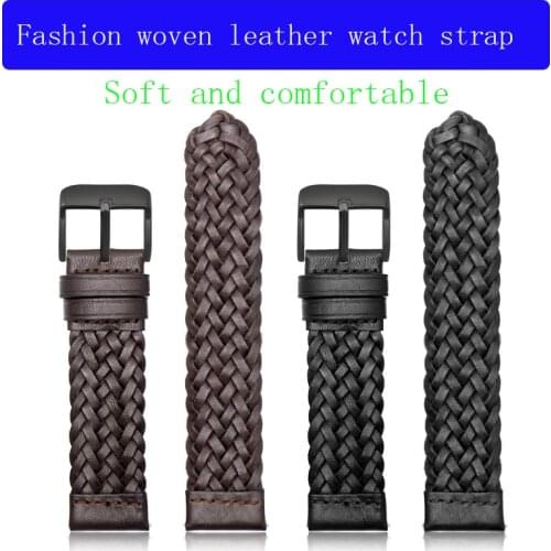 Fashion woven leather watch strap for Bvlgari Gucci Hermes Band 20mm 22mm Black BrownFlat pin buckle leather