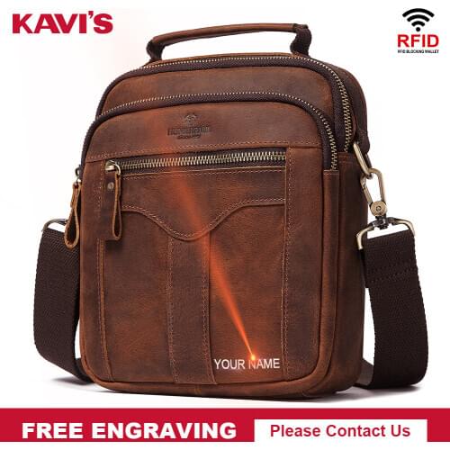 KAVIS Free Engraving Genuine Leather Men Messenger Bag Vintage Male Shoulder Bags New Fashion Crossbody Bag Quality for Travel