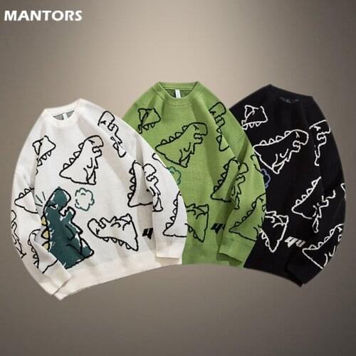 Sweater Mens Harajuku Knitted Tops Male Hip Hop Streetwear Dinosaur Cartoon Pullover O-neck Casual Couple Sweaters EU Size 2XL