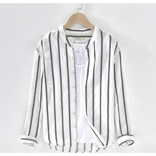Spring New Striped Linen Long Sleeve Shirts Men CasualSummer Breathable Mandarin Collar Flax Dress Shirts Male Camisas TS-602