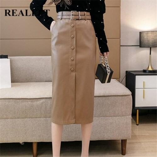REALEFT 2021 New Autumn Winter PU Leather Womens Wrap Skirts with Belted High Waist Single Breasted Sheath Mid-calf Skirts