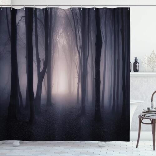 Grey Purple Forest Shower Curtain Path Dark Deep Forest Fog Halloween Creepy Twisted Branches Picture Bathroom Curtain