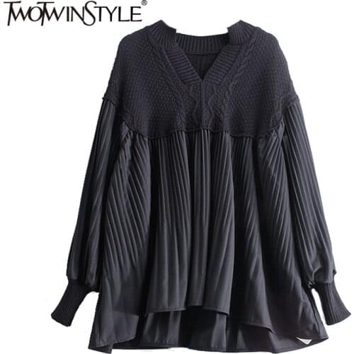 TWOTWINSTYLE Casual Patchwork Folds Colorblock Irregular Shirt Female V Neck Long Sleeve Fashion Blouse Female Autumn Style 2021