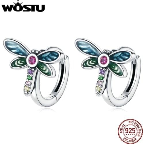 WOSTU 925 Sterling Silver Retro Dragonfly Stud Earrings Colorful Enamel Earrings For Women Fashion Silver Jewelry CQE1172