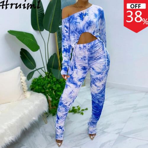 2 Piece Tie Dye Sexy Bodycon Women Set Short Tops Pencil Pants Autumn Long Sleeve One Shoulder Pleated Hollow Sporting Tracksuit