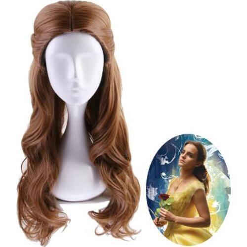 Beauty and the Beast Princess Belle wig Cosplay Costume Women Long Wavy Synthetic Hair Halloween Party Role Play wigs +Wig Cap