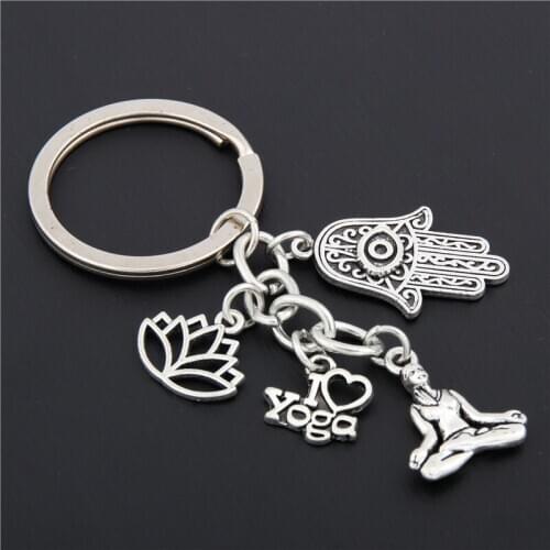 1pc Silver Color I Love Yoga Keychain Hamsa Hand Charms Ohm Symbol Keyring Lotus Jewelry OM Handbag Jewelry E1658/E1694