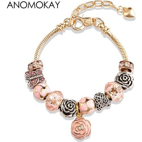 2020 Classic Rose Gold Color Flower Butterfly Charm Bracelet DIY Plant Heart Adjustable Lobster Bead Bracelet for Women Gift