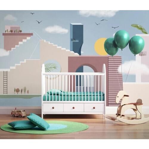 3D Simple nordic cartoon hand-painted creative architecture Wall Mural Children Kids Bedroom Wall Painting Modern Wallpapers