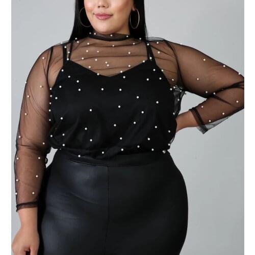 4XL 5XL Plus Size Clothing Women Blouse Organza See Through Beading Long Sleeve Sexy Transparent Evening Club Wear Tops Shirts