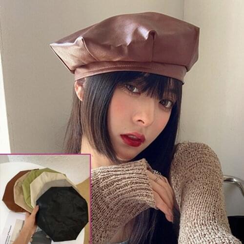 2021 New Fashion Solid Beret Cap Pu Leather Beret French Artist Warm Beanie Hat Female Ladies All-Match Adjustable Hat For Women