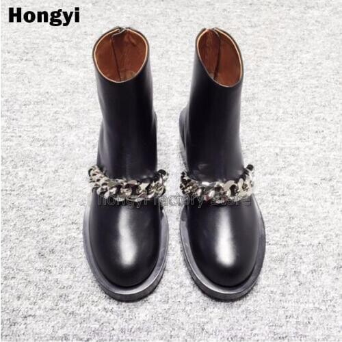 Fashion Chain Martin Boots Woman Round Toe Silver Gold Metal Chains Black Real Leather Short Boots Back Zipper Ankle Booty