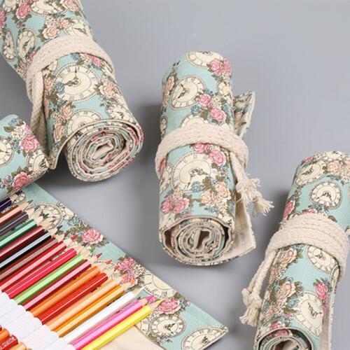 Canvas School Pencil Case Clock Rose 24/36/48/72 Holes Roll Pencilcase Large Pen Pencil Bag Estuche Escolar Box Supplies