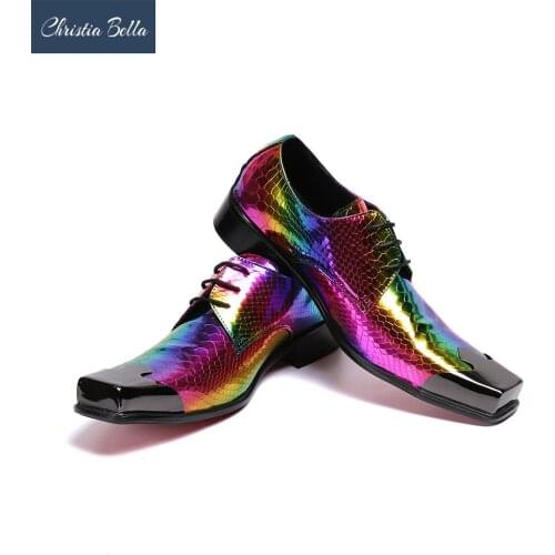 Christia Bella Italian Style Square Toe Shoes Mens Brand Designer Dress Shoes Plus Size Colorful Wedding Shoes with Metal Toe