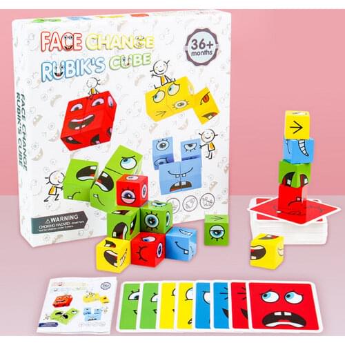Wooden Block Puzzle Early Learning Building Cubes Facial Expression Logical Thinking Training Educational Toys Children Gifts