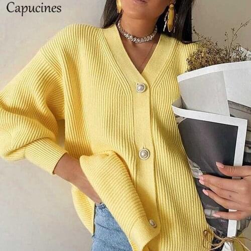 Capucines Elegant Solid V Neck Mid-length Cardigans Sweaters Woman 2021 Autumn Buttons Drop Shoulder Casual Loose Knit Coat