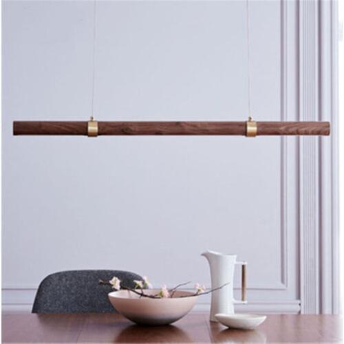 Nordic personality lamps Walnut long strip restaurant chandelier modern minimalist office studio solid wood LED lighting