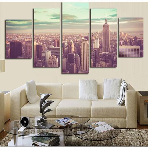 Modular Painting Canvas Wall Art Pictures Home Decoration 5 Pieces New York City Sunset Landscape Modern HD Print Posters
