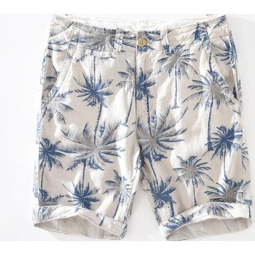 Pure Linen Shorts for Men Classical Knee Length Pineapple Coconut Tree Print Pants High Quality Plus Size Shorts Summer New