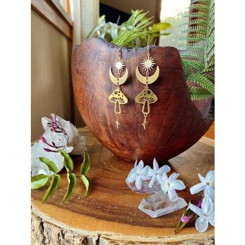 Celestial Mushroom Earrings, Hypoallergenic, Wanderlust Jewelry