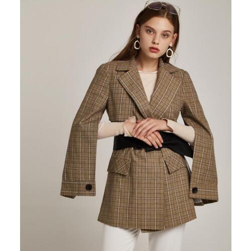 England style plaid slim blazer female fashion brand hollow cut Flying sleeve outerwear with blet Leisure blazer wq2230