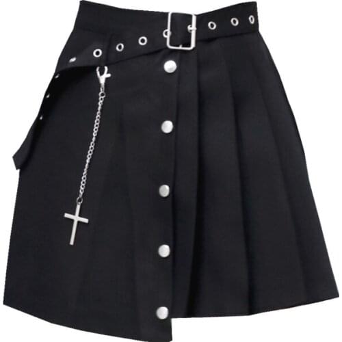 Ruibbit Summer Punk Gothic Harajuku Vintage Black Skirt Fashion Loose Female A-line Asymmetric Short Skirts Chain Embroidery