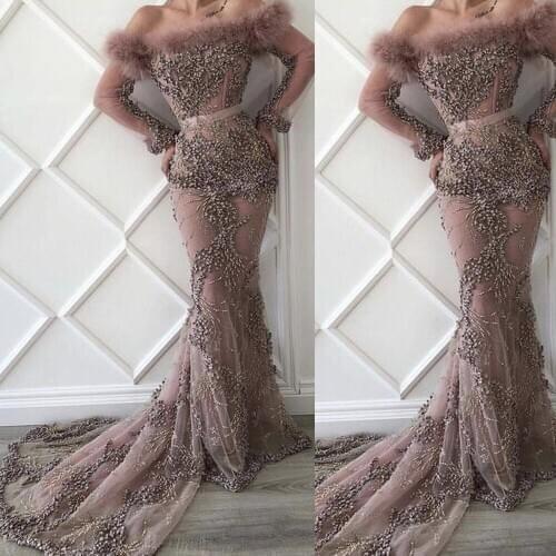 Beaded prom dresses 2021 off the shoulder long sleeve feather mermaid court train long evening dresses gowns