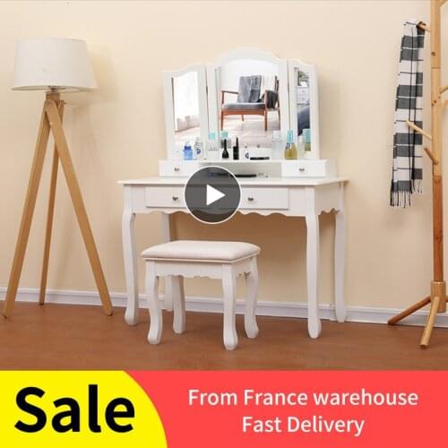 Oversea Stock!! Tri-fold Mirror Dressing Table With Chair Nordic Style Makeup Detachable Table Dresser Bedroom Bath Funiture HWC