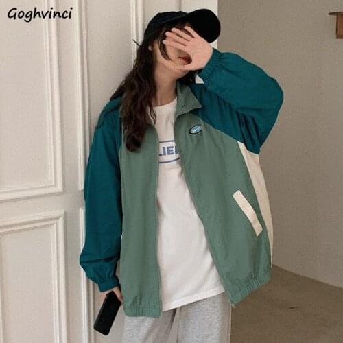 Spliced Zipper Stand Collar Women Jackets High Street Harajuku BF Loose Students Casual All-match Jacket Coats Female Retro Chic