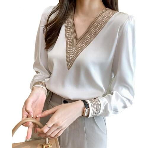 Summer Women Shirt Fashion Long Sleeve Embroidery White V-neck Chiffon skin-friendly Elegant Shirt Work 2021 блузки