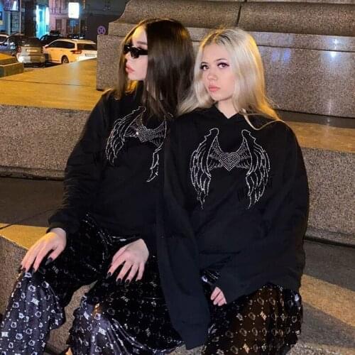 Harajuku Oversized Women Hoodies Rhinestone graphics Female Sweatshirt Grunge clothes Autumn Long Sleeve Hooded Pullovers Y2K