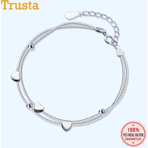 Trustdavis Authentic 925 Sterling Silver Double Layer Chain Heart Beads Bracelet For Women Sterling Silver Weddings Day DA418