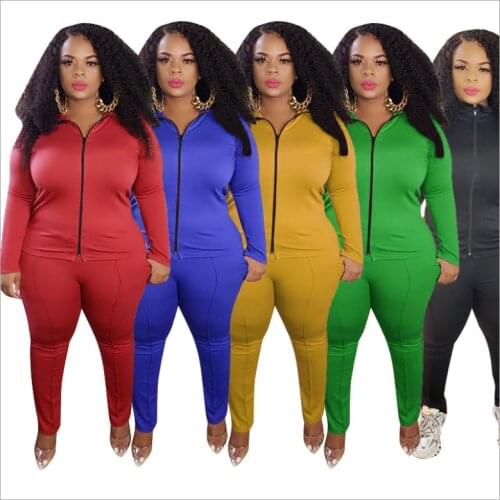 Casual Solid Women Big Size Tracksuits Outfits 2020 Autumn Ladys Zipper Full Sleeve Coats High Waist Sport Pants Two Piece Se