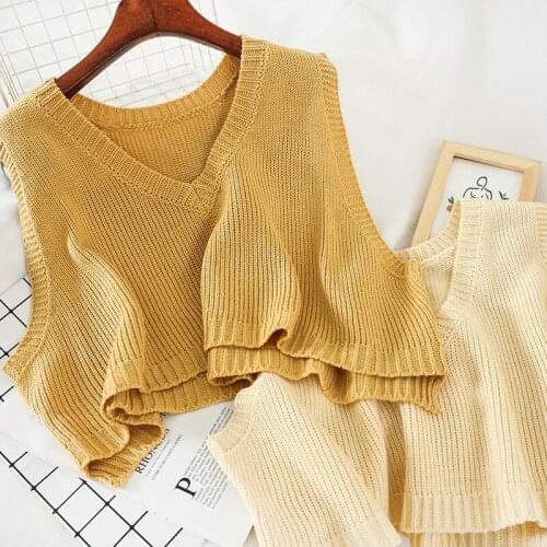 Women Summer Autumn Casual Solid Sweaters Female 2021 New Knitted Sleeveless Yellow Pullover Tops Womens Short Jumpers Femme