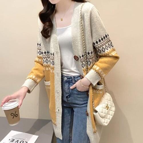 Spring Autumn 2021New Cardigan Sweater Women Korean Fashion Mid-Length Loose V-Neck All-Match Retro Knitting Sweater Coat Female